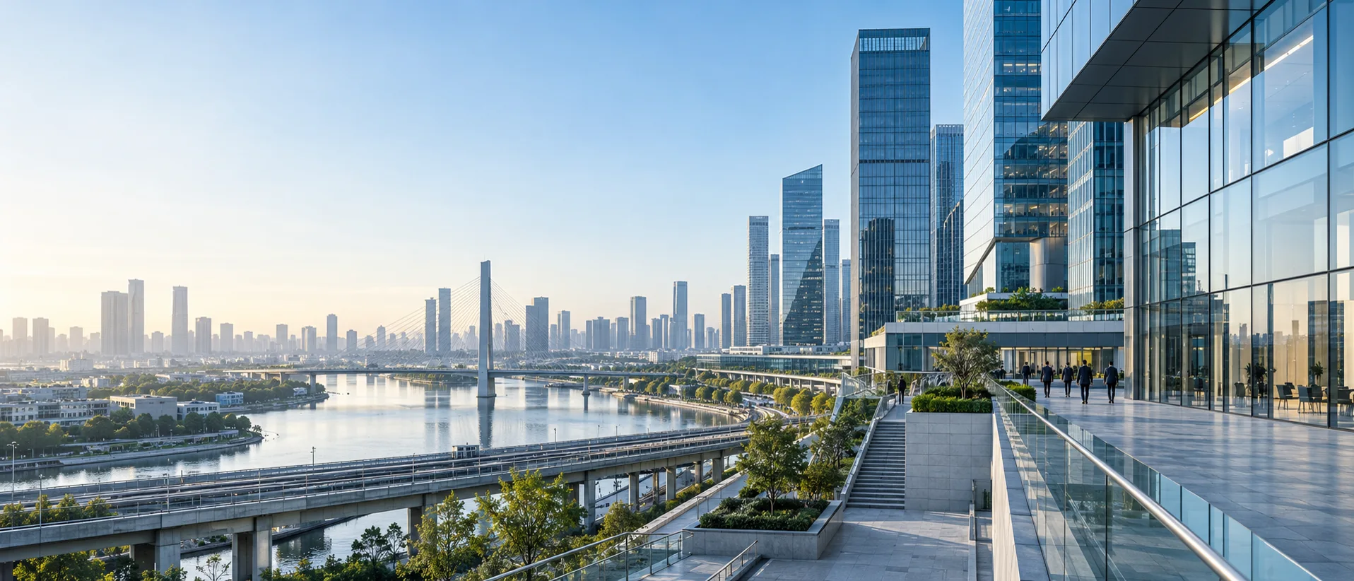International business district connected by modern transport infrastructure